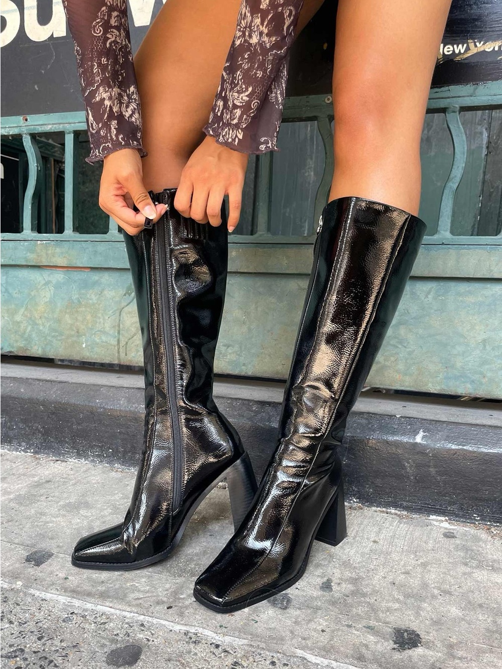 Princess Polly Black Patent Knee-High Block Heel Boots